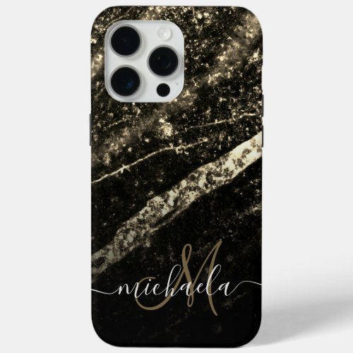 Sparkly line gold black chic abstract Monogram iPhone 15 Pro Max Case
