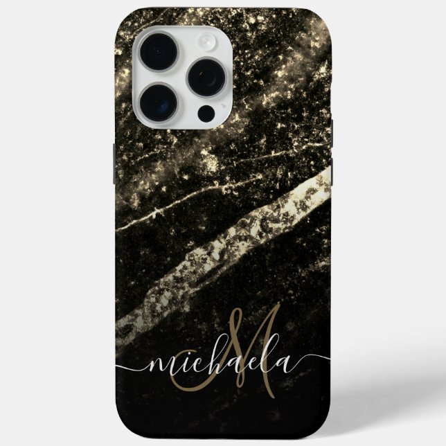 Sparkly line gold black chic abstract Monogram Case-Mate iPhone Case (Back)
