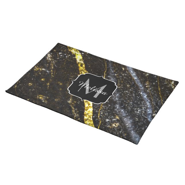 Sparkly line gold black chic abstract Monogram Cloth Placemat (On Table)