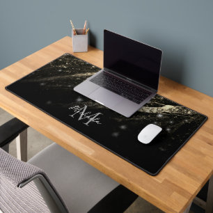 Sparkly line gold black chic abstract Monogram Desk Mat