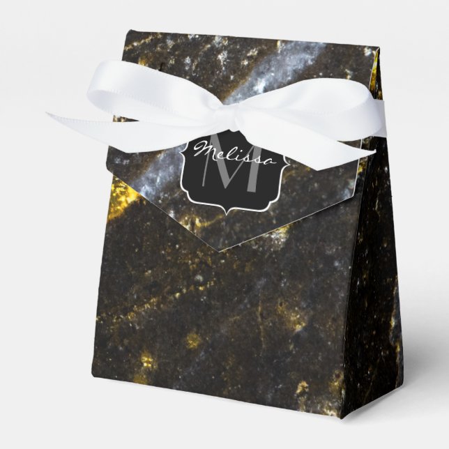 Sparkly line gold black chic abstract Monogram Favor Boxes (Front Side)