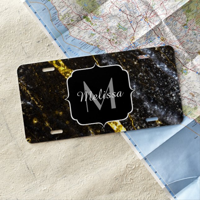 Sparkly line gold black chic abstract Monogram License Plate (In Situ)