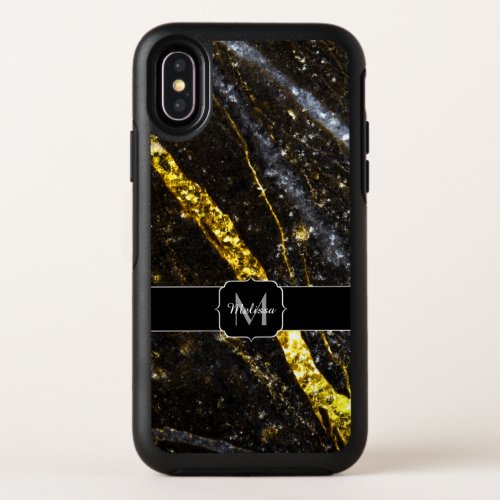 Sparkly line gold black chic abstract Monogram OtterBox Symmetry iPhone X Case