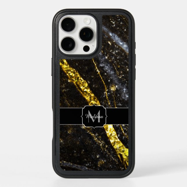 Sparkly line gold black chic abstract Monogram Otterbox iPhone Case (Back)
