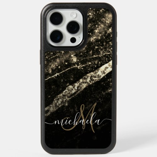 Sparkly line gold black chic abstract Monogram iPhone 15 Pro Max Case