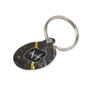 Sparkly line gold black chic abstract Monogram Pet ID Tag