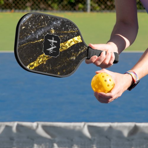 Sparkly line gold black chic abstract Monogram Pickleball Paddle