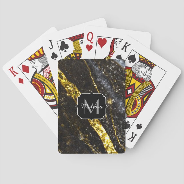 Sparkly line gold black chic abstract Monogram Poker Cards (Back)