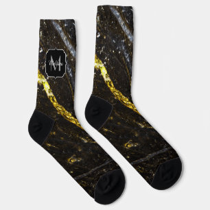 Sparkly line gold black chic abstract Monogram Socks