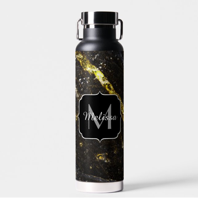 Sparkly line gold black chic abstract Monogram Water Bottle (Front)