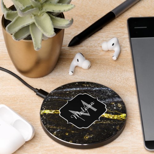 Sparkly line gold black chic abstract Monogram Wireless Charger