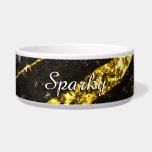 Sparkly line gold black chic abstract Pet name Bow Bowl<br><div class="desc">Customize sparkly gift with your pet (cat, dog..) initial and name. Digital composition of a photo of gold sparkles and photo of beautiful dark stone rock. *photo of sparkles not actual glitter! glimmer, glitter, sparkle, beautiful, yellow gold, gold, sparkles, gold sparkles, gold glitter, golden sparkles, girly, fashion, trendy, girl, for...</div>