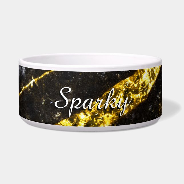 Sparkly line gold black chic abstract Pet name Bow Bowl (Front)
