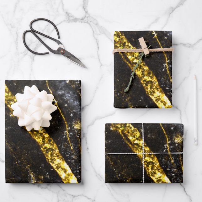 Sparkly line gold black chic abstract wrapping paper sheets (Front)