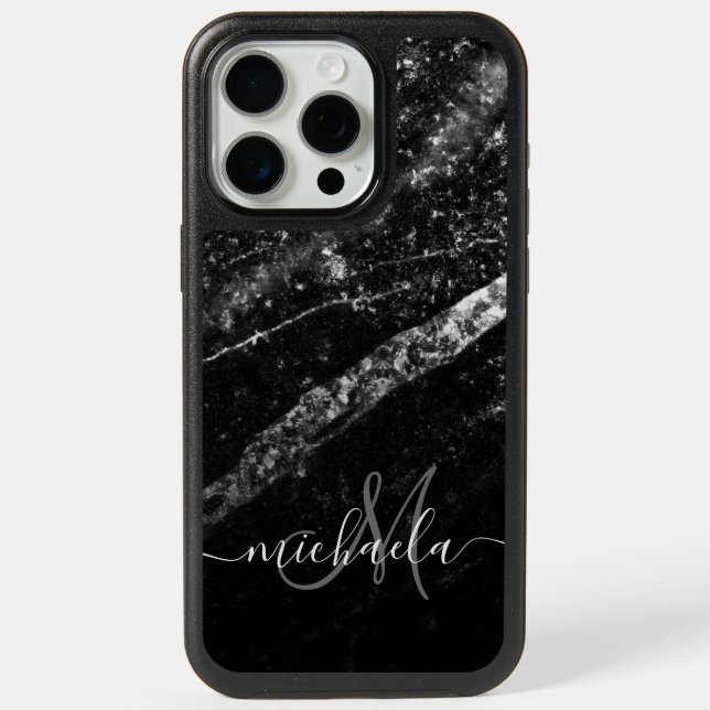 Sparkly line silver black chic abstract Monogram iPhone 15 Pro Max Case (Back)