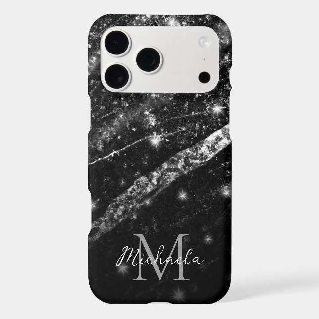 Sparkly line silver black chic abstract Monogram iPhone Case (Back)