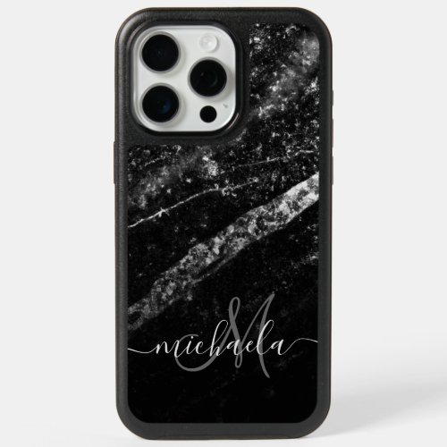 Sparkly line silver black chic abstract Monogram iPhone 15 Pro Max Case