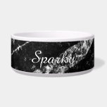 Sparkly line silver black chic abstract Pet name Bowl<br><div class="desc">Sparkly line silver black chic abstract Pet name Bowl. Customize faux sparkly gift with your pet (cat,  dog..) name. Digital composition of a photo of Black and White sparkles and beautiful dark stone rock. *photo of sparkles,  not actual glitter!</div>
