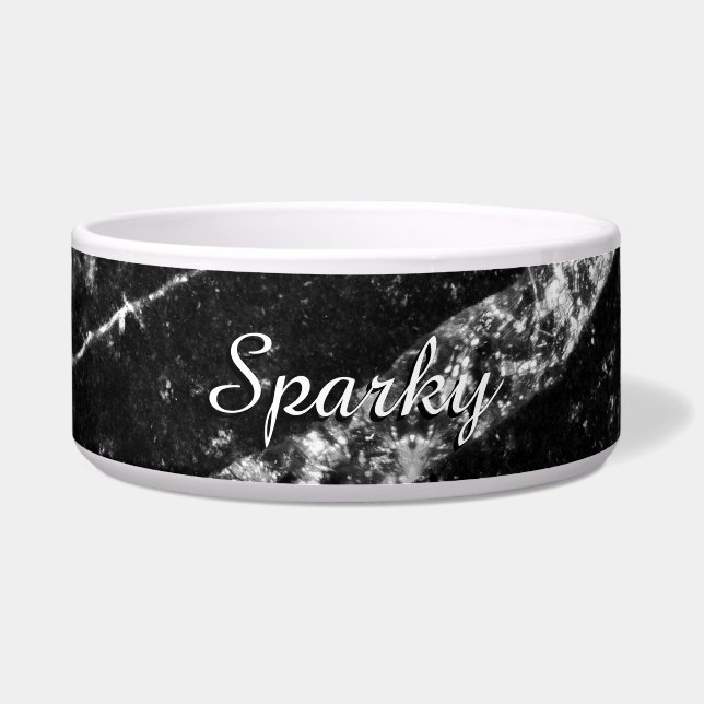 Sparkly line silver black chic abstract Pet name Bowl (Front)