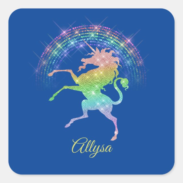 Sparkly Looking Raring Unicorn Against Rainbow Square Sticker (Front)