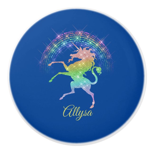 Sparkly Looking Unicorn with Rainbow on Blue Ceramic Knob (Front)