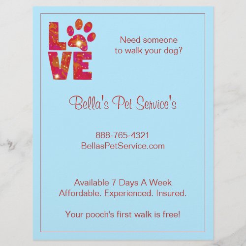 Sparkly Love Dog Walker Pet Services Blue Flyer