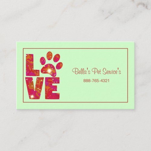 Sparkly Love Dog Walker Pet Services Green Business Card