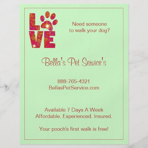 Sparkly Love Dog Walker Pet Services Green Flyer