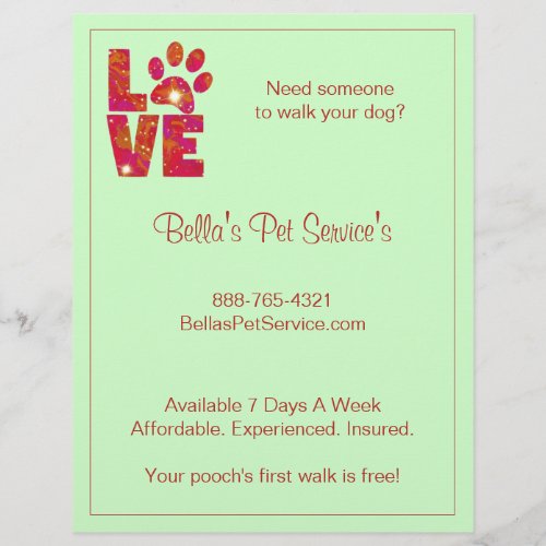 Sparkly Love Dog Walker Pet Services Green Flyer