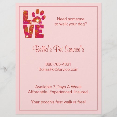 Sparkly Love Dog Walker Pet Services Pink Flyer