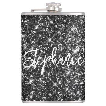 Sparkly Luxury Black Glitter Brush Calligraphy Flask by designs4you at Zazzle