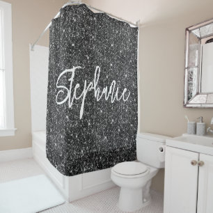Sparkly Luxury Black Glitter Brush Calligraphy Shower Curtain