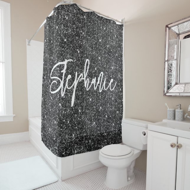 Sparkly Luxury Black Glitter Brush Calligraphy Shower Curtain (In Situ)