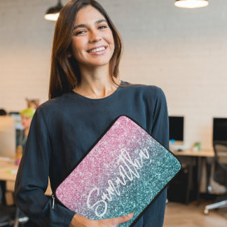 Sparkly Luxury Light Pink Teal Ombre Glitter Laptop Sleeve