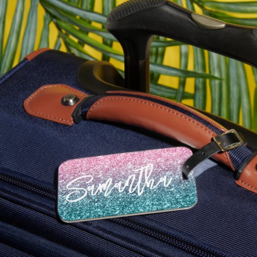 Sparkly Luxury Light Pink Teal Ombre Glitter Luggage Tag