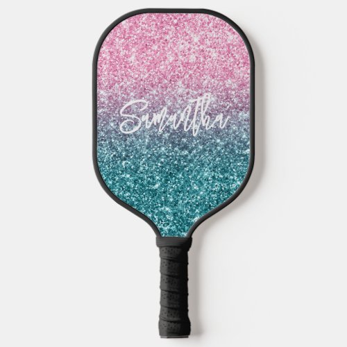 Sparkly Luxury Light Pink Teal Ombre Glitter Pickleball Paddle