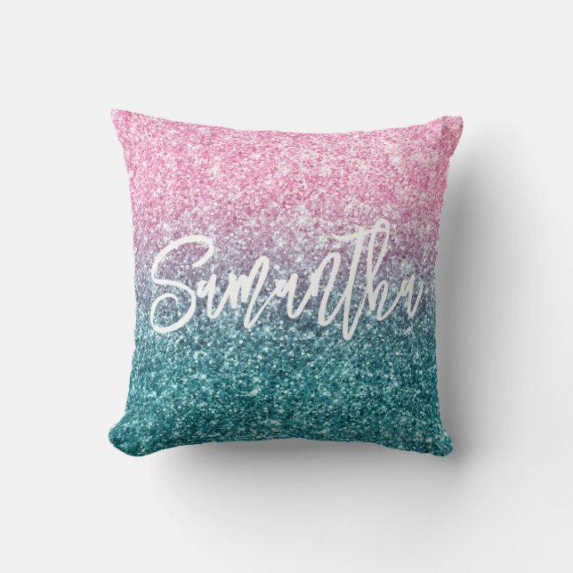 Sparkly Luxury Light Pink Teal Ombre Glitter Throw Pillow (Front)
