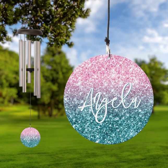 Sparkly Luxury Light Pink Teal Ombre Glitter Wind Chime (Outdoor)