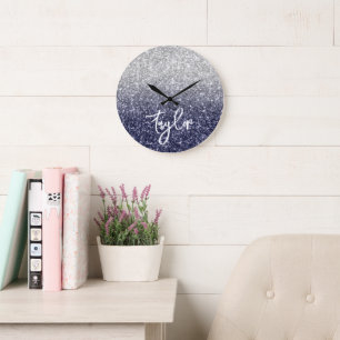 Sparkly Luxury Silver Navy Glitter Ombre Large Clock