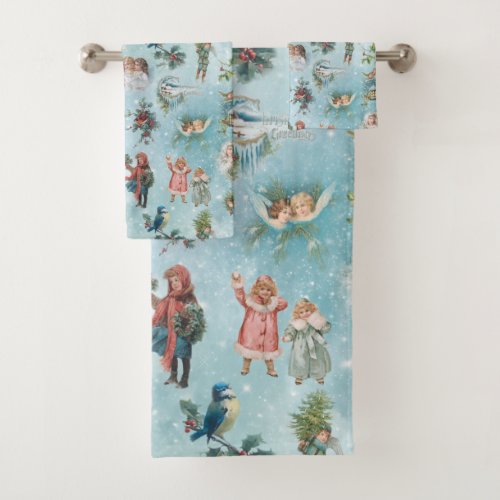 Sparkly Magical Winter Vintage Christmas Collage Bath Towel Set