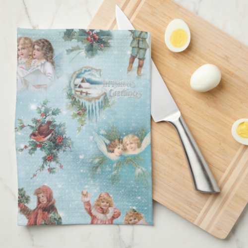 Sparkly Magical Winter Vintage Christmas Collage Kitchen Towel