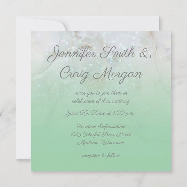 Sparkly Marble Mint Green Ombre Wedding Invitation (Front)