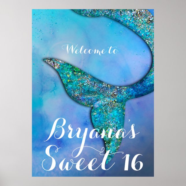 Sparkly Mermaid Fin Tail Birthday Party Banner Poster (Front)