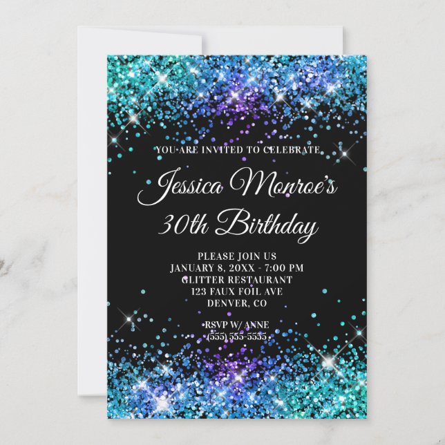 Sparkly Mermaid Glitter Black 30th Birthday Invitation (Front)