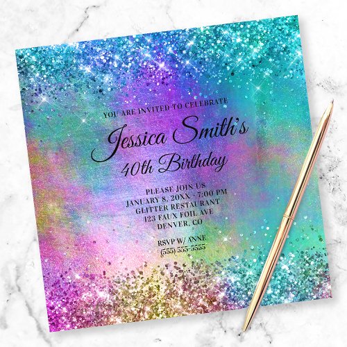 Sparkly Mermaid Glitter Foil 40th Birthday Invitation