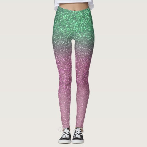 Sparkly Mermaid Green Berry Pink Glitter Ombre Leggings