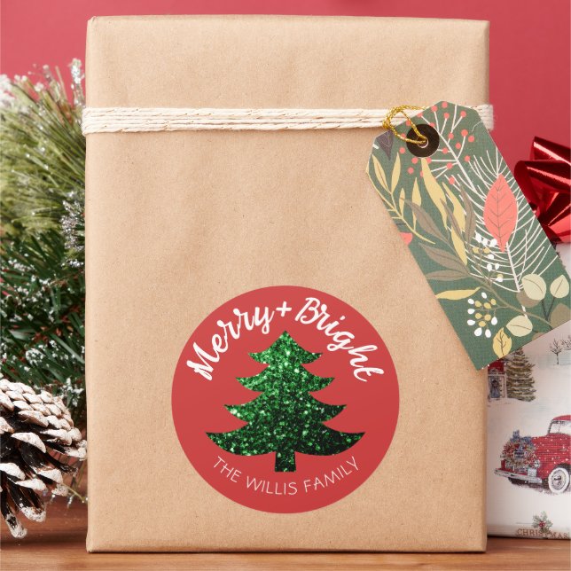 Sparkly Merry bright Christmas tree Custom name  Classic Round Sticker (Holiday)