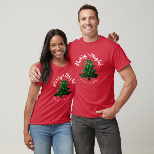 Sparkly Merry bright Christmas tree Custom name T-Shirt
