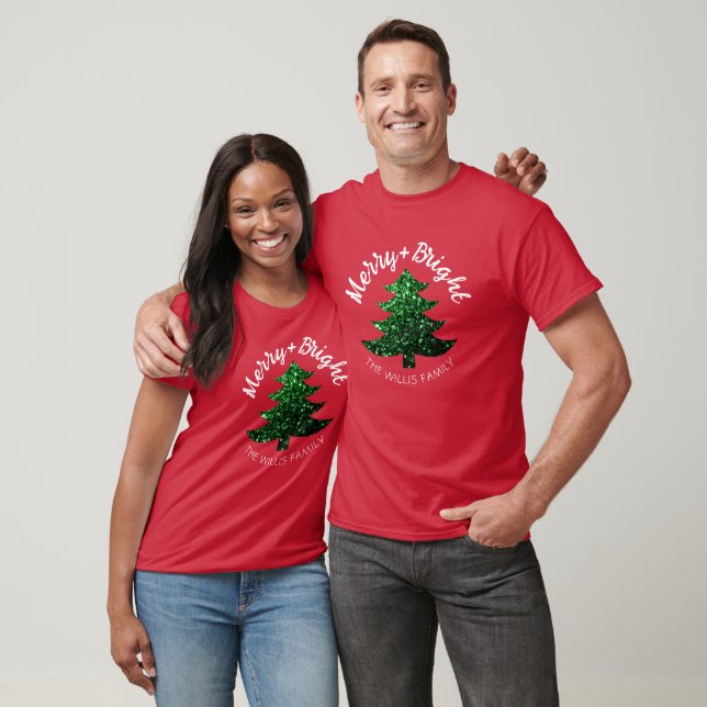 Sparkly Merry bright Christmas tree Custom name  T-Shirt (Unisex)