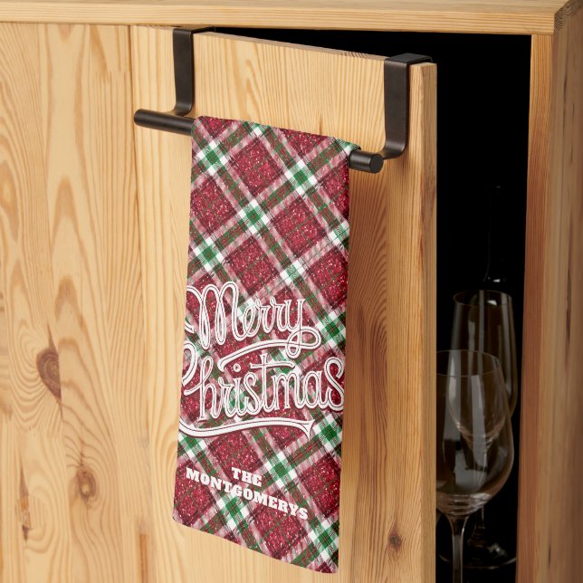 Sparkly Merry Christmas Plaid Family Name Kitchen Towel (Thirds Fold)